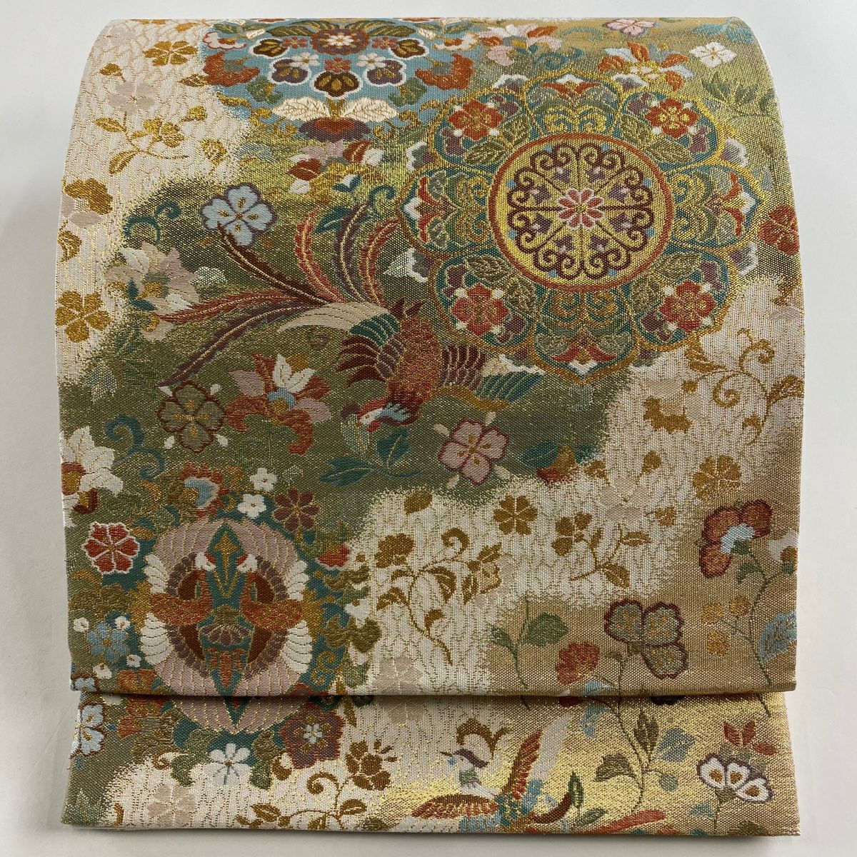 【美品】 袋帶 秀品級 華紋 鳥 金糸 金金箔 奶油 六通 純蠶絲