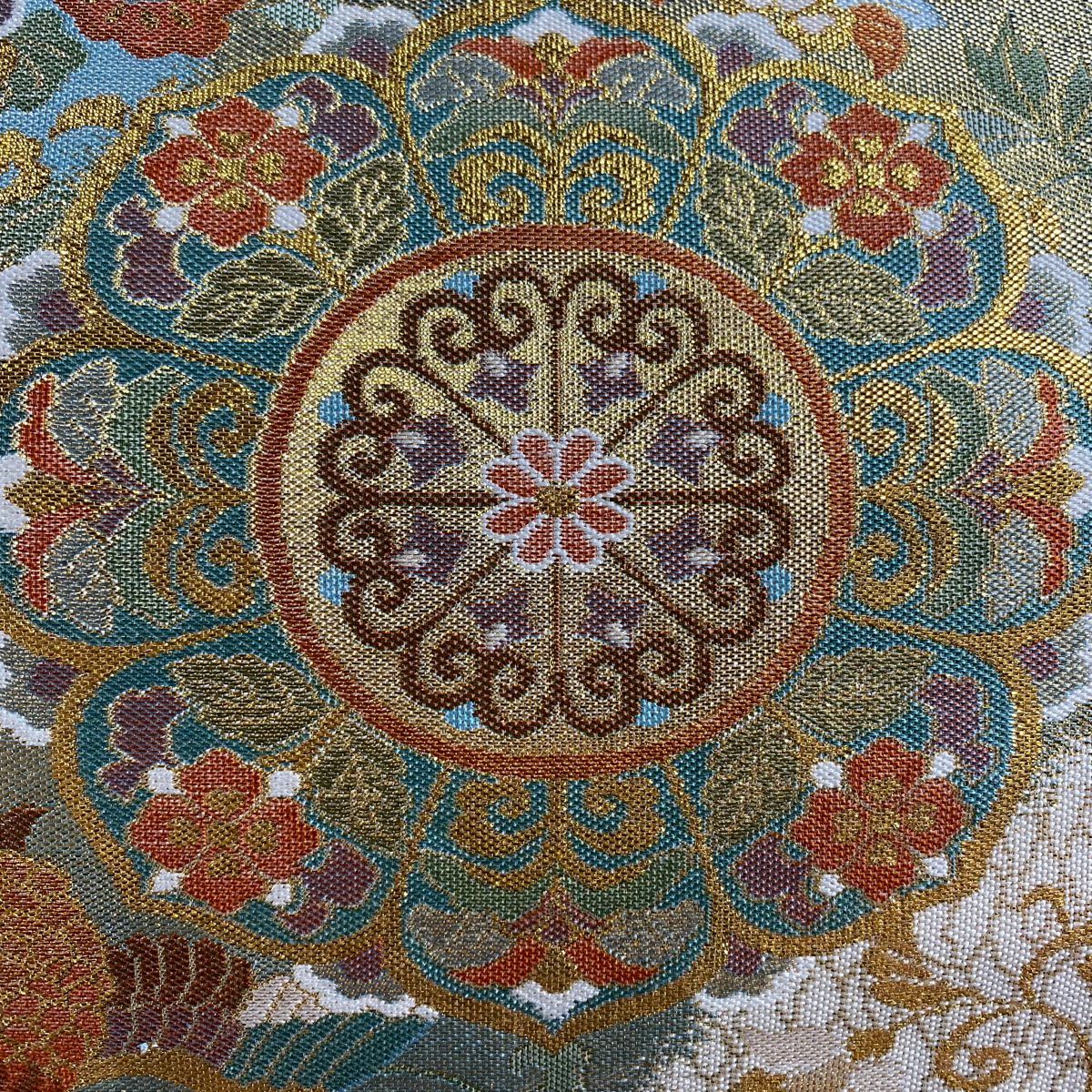 【美品】 袋帶 秀品級 華紋 鳥 金糸 金金箔 奶油 六通 純蠶絲