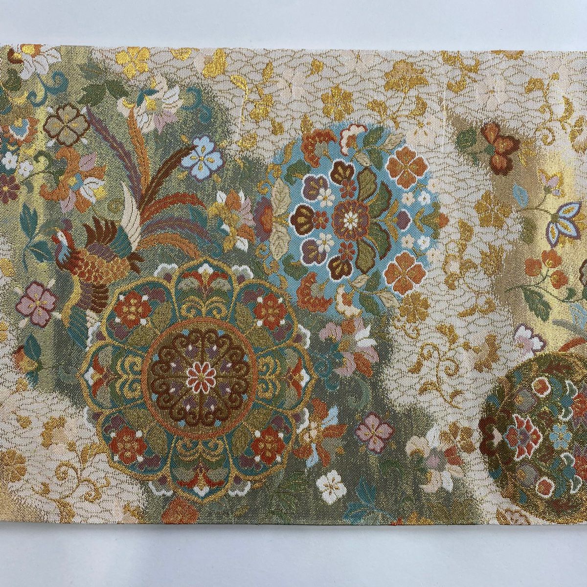 【美品】 袋帶 秀品級 華紋 鳥 金糸 金金箔 奶油 六通 純蠶絲