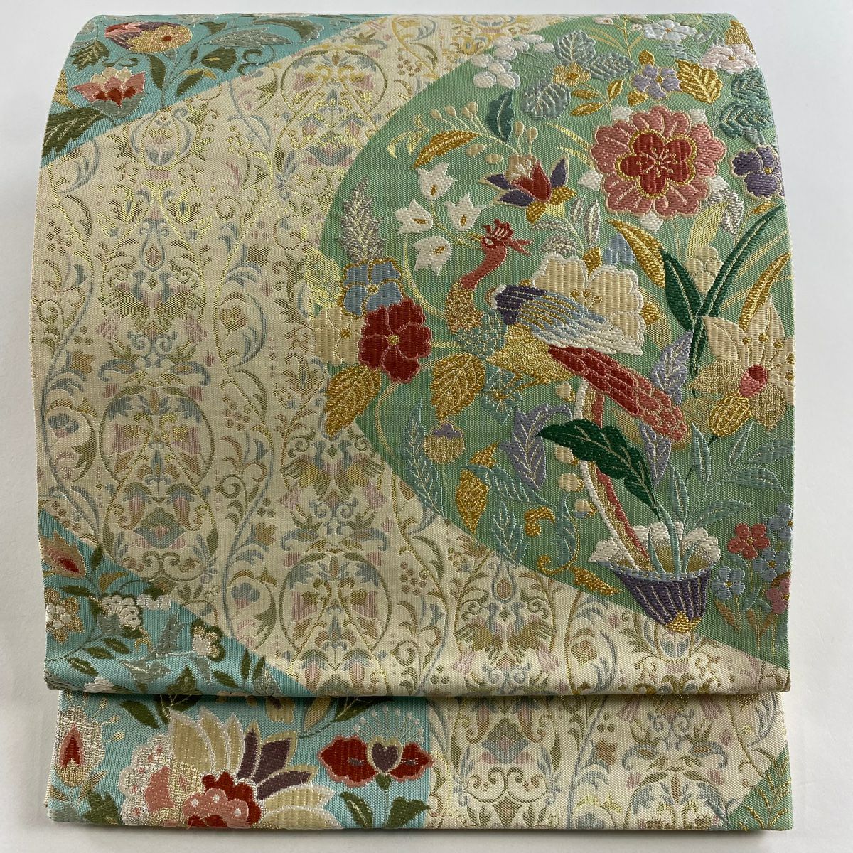 【美品】 袋帶 秀品級 草花紋紋 鳥 金糸 金金箔 薄綠 六通 純蠶絲