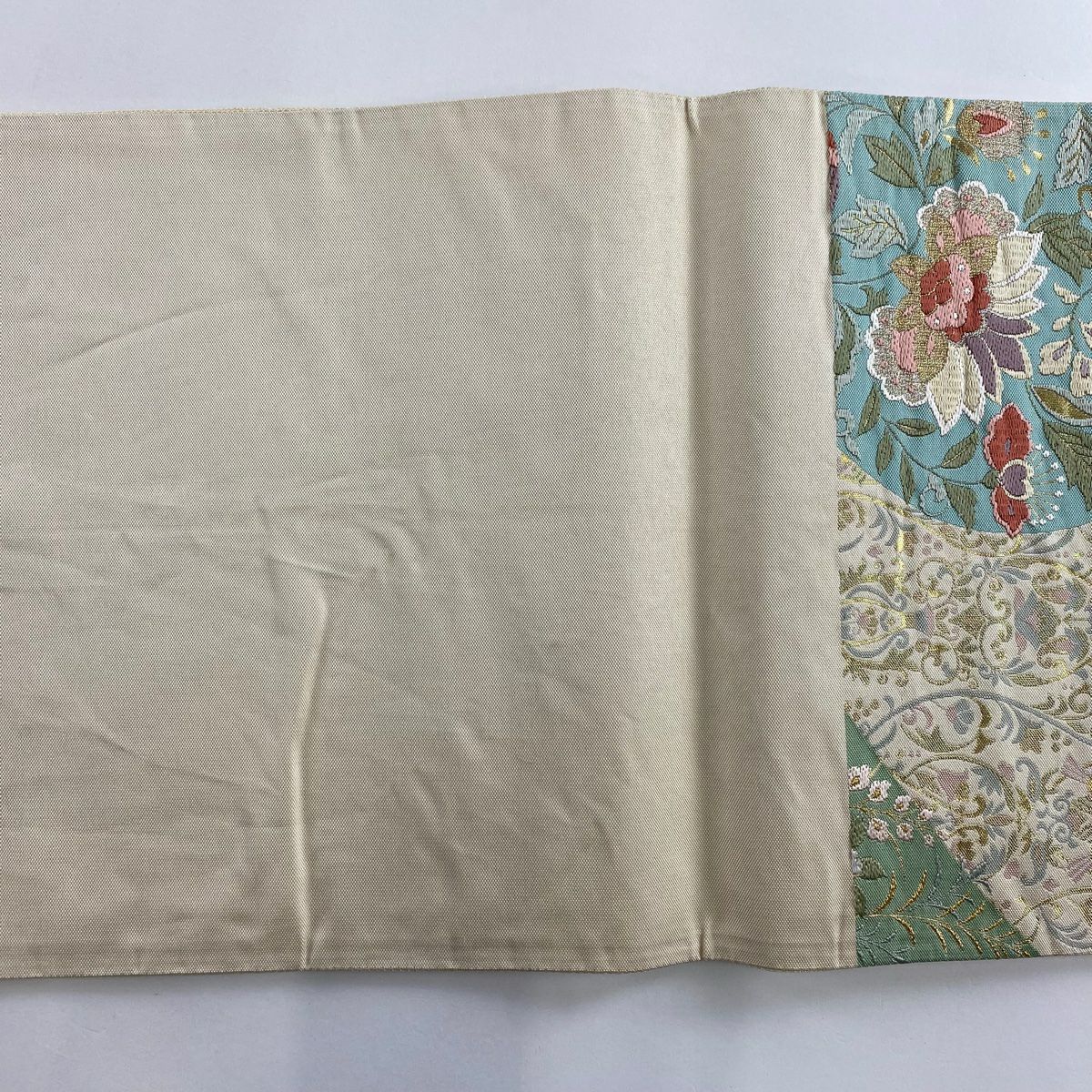 【美品】 袋帶 秀品級 草花紋紋 鳥 金糸 金金箔 薄綠 六通 純蠶絲