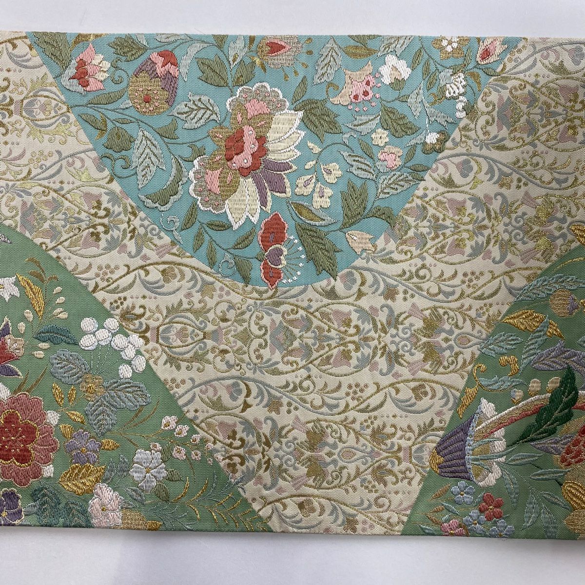 【美品】 袋帶 秀品級 草花紋紋 鳥 金糸 金金箔 薄綠 六通 純蠶絲