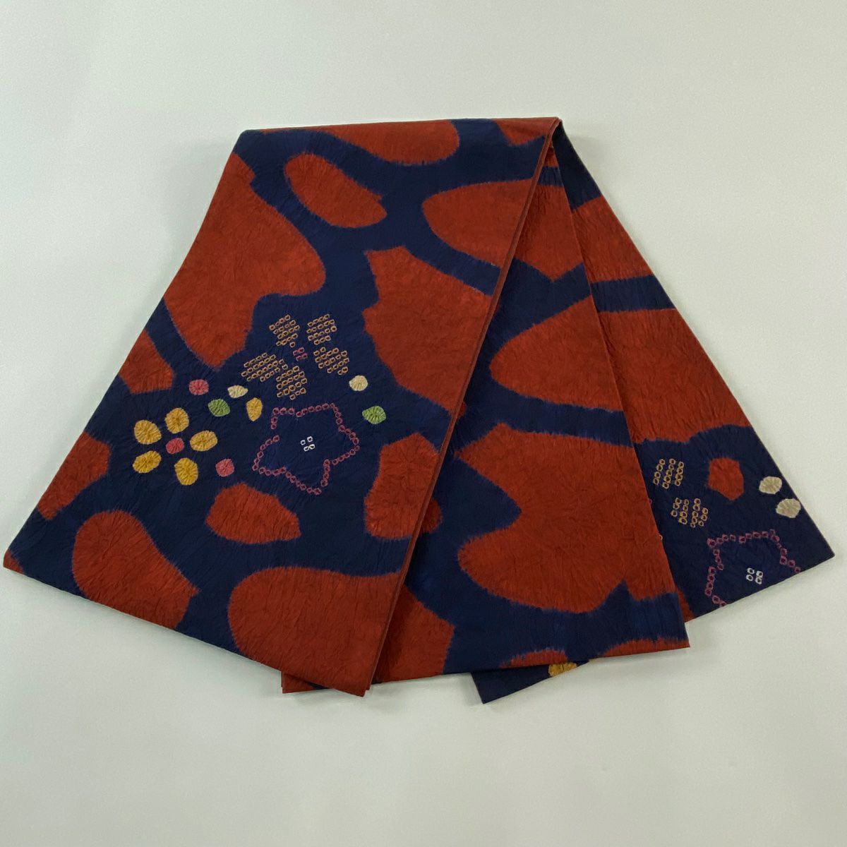 【美品】 袋帶 秀品級 紬織織 花 幾何圖案 絞染 深藍 お太鼓柄 純蠶絲