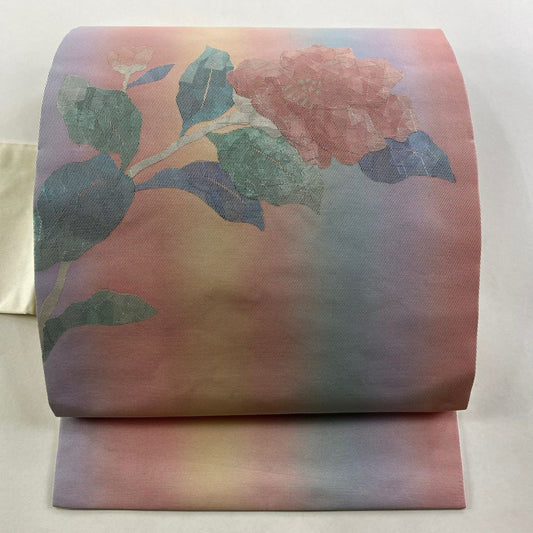 【美品】名古屋帶 優品級 椿 金金箔 粉紅 純蠶絲