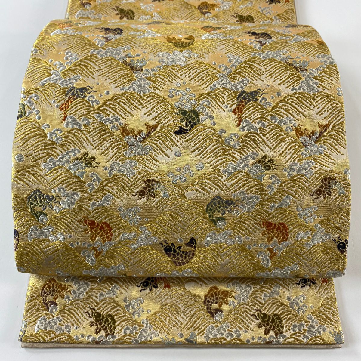 【美品】 袋帶 逸品級 祥園 落款 波頭 荒磯 金銀絲 金金箔 金色 六通 純蠶絲