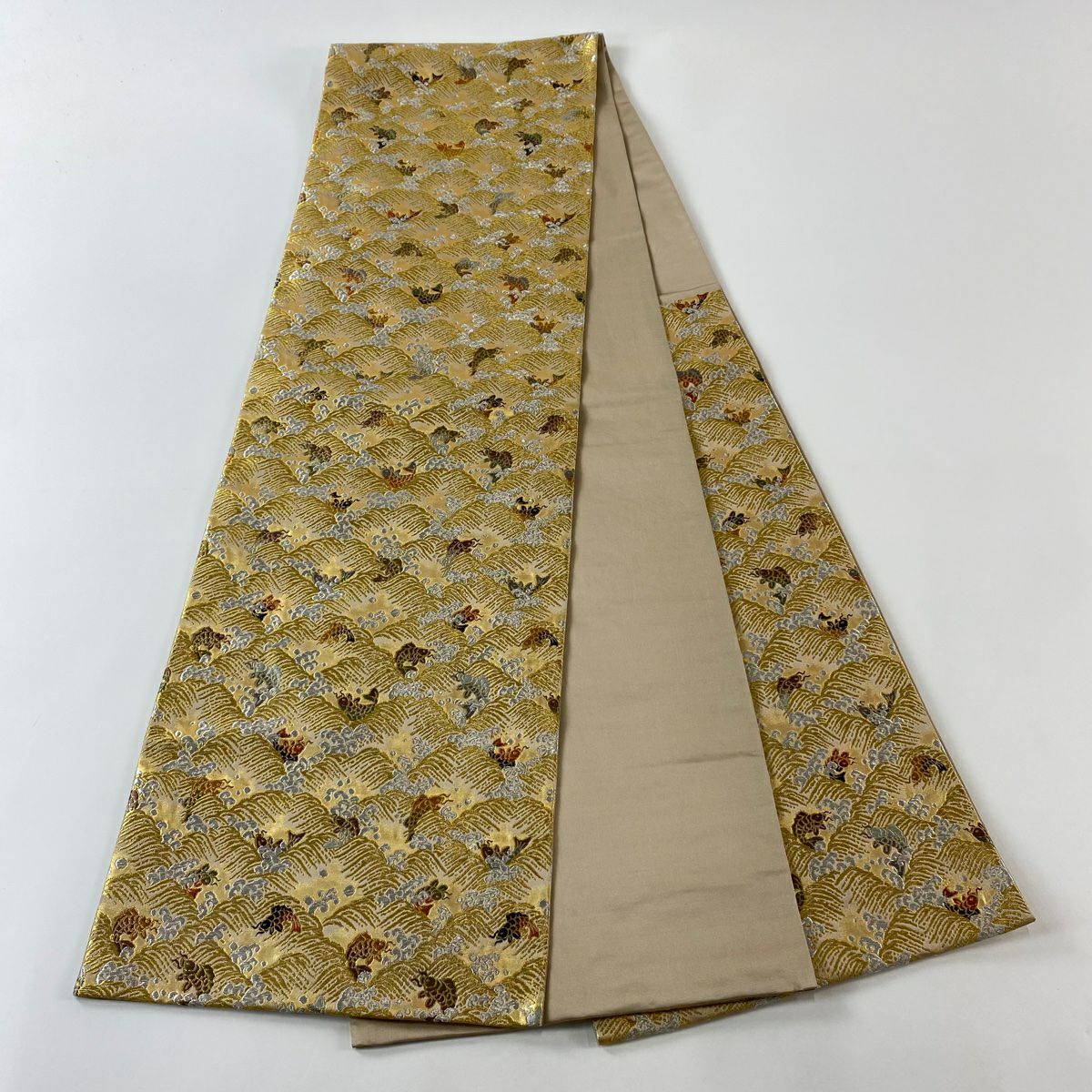 【美品】 袋帶 逸品級 祥園 落款 波頭 荒磯 金銀絲 金金箔 金色 六通 純蠶絲