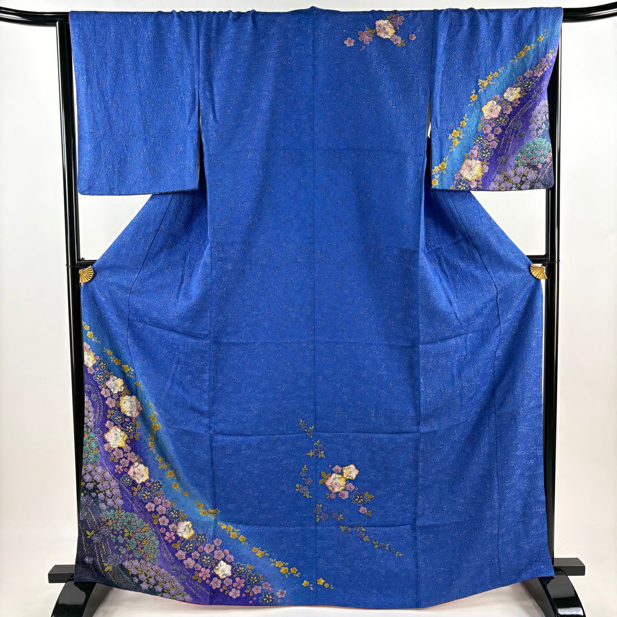 【美品】訪問服 身長166cm 袖長66.5cm M 雙層 辻花染 金通 金銀彩 藍 純蠶絲 名品級