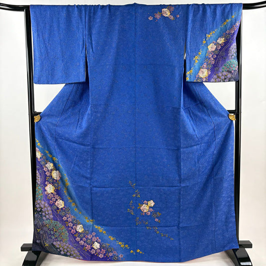【美品】訪問服 身長166cm 袖長66.5cm M 雙層 辻花染 金通 金銀彩 藍 純蠶絲 名品級