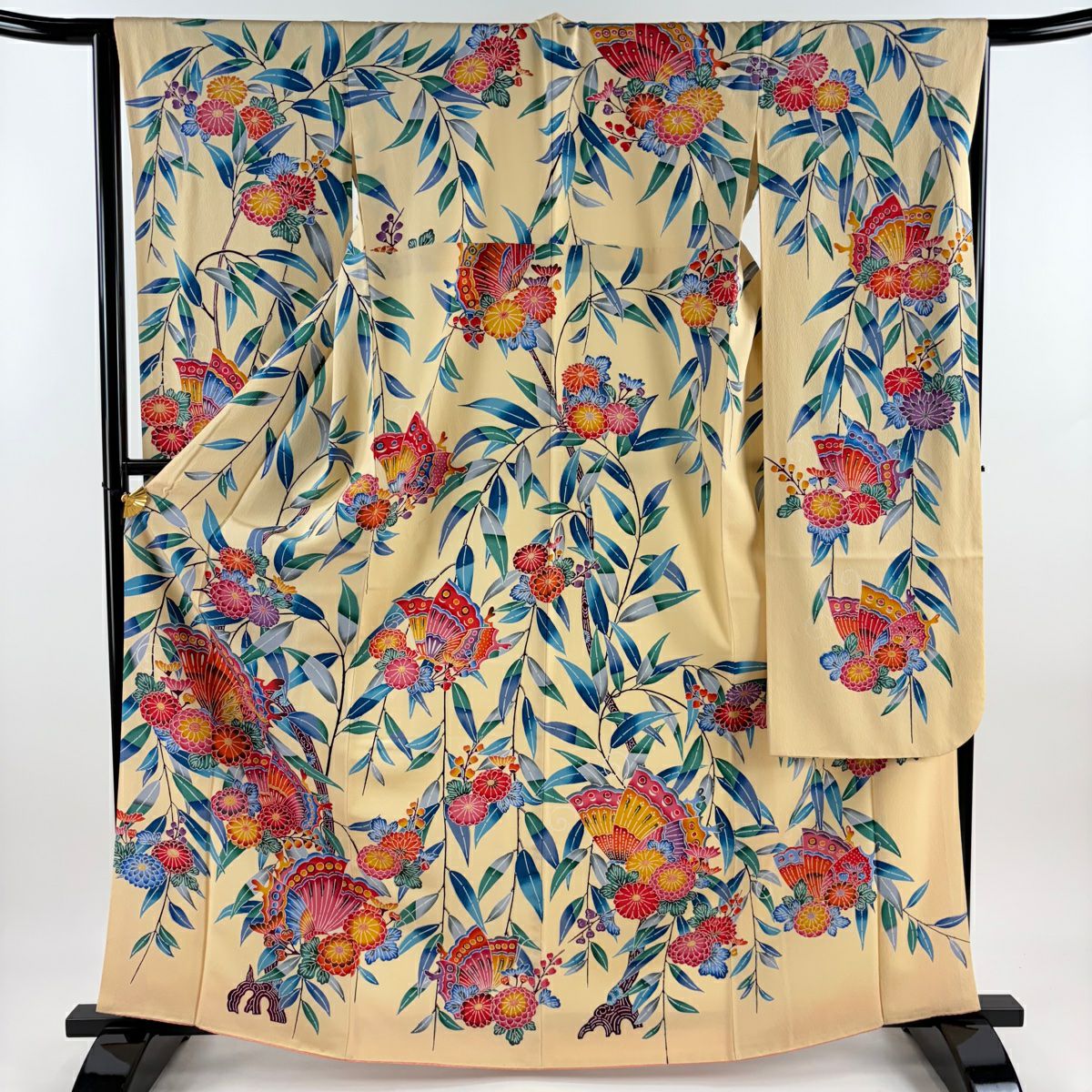 【美品】振袖禮服 身長166cm 袖長65cm M 雙層 蝶 菊花 絞織 米色 純蠶絲 名品級