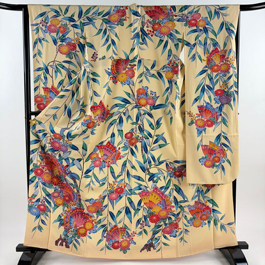 【美品】振袖禮服 身長166cm 袖長65cm M 雙層 蝶 菊花 絞織 米色 純蠶絲 名品級