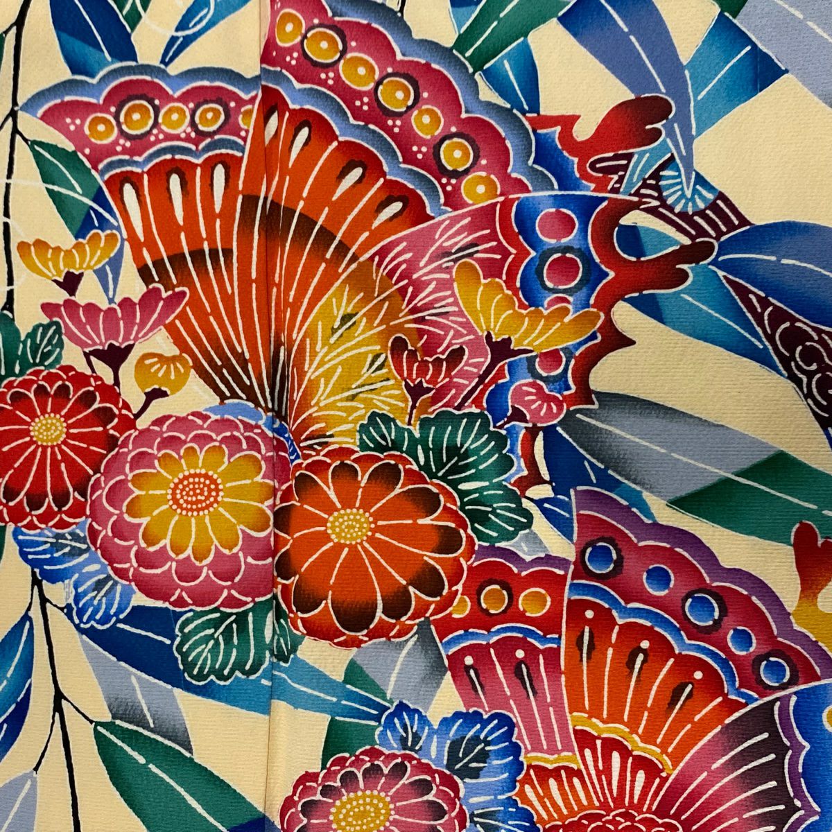 【美品】振袖禮服 身長166cm 袖長65cm M 雙層 蝶 菊花 絞織 米色 純蠶絲 名品級