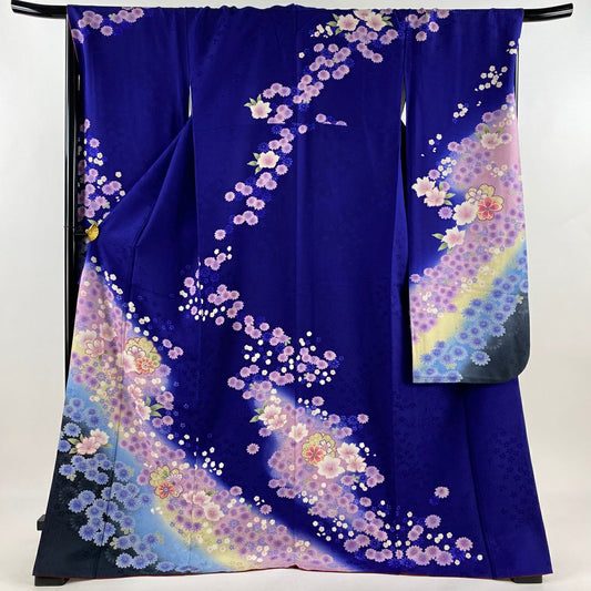 振袖禮服 身長173.5cm 袖長67.5cm L 雙層 草花紋紋 菊花花 金絲 金銀彩 青紫 純蠶絲 名品級