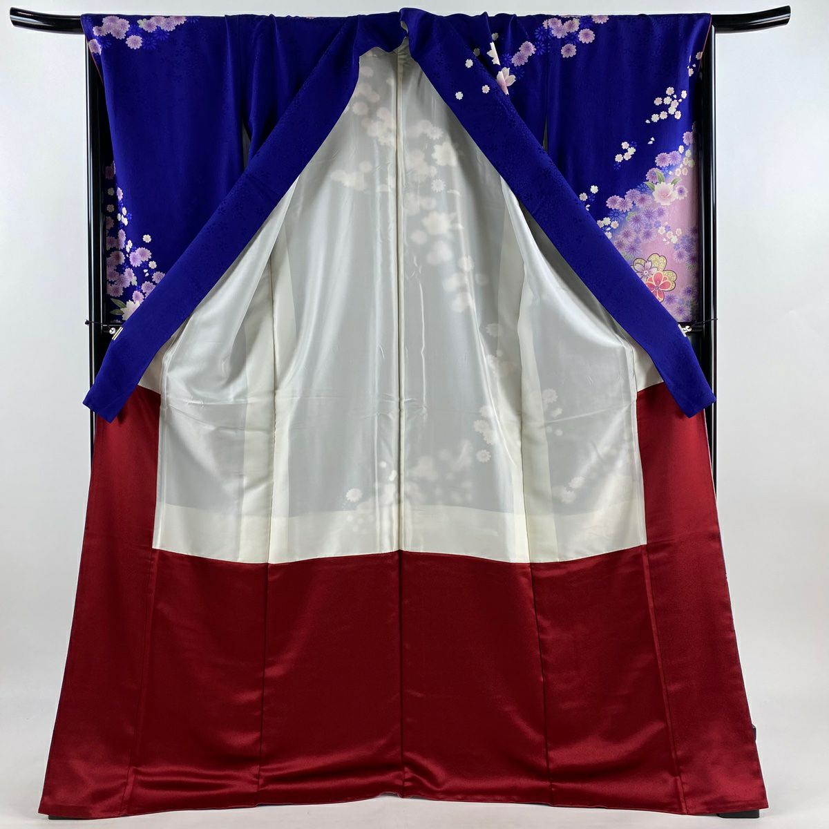 振袖禮服 身長173.5cm 袖長67.5cm L 雙層 草花紋紋 菊花花 金絲 金銀彩 青紫 純蠶絲 名品級