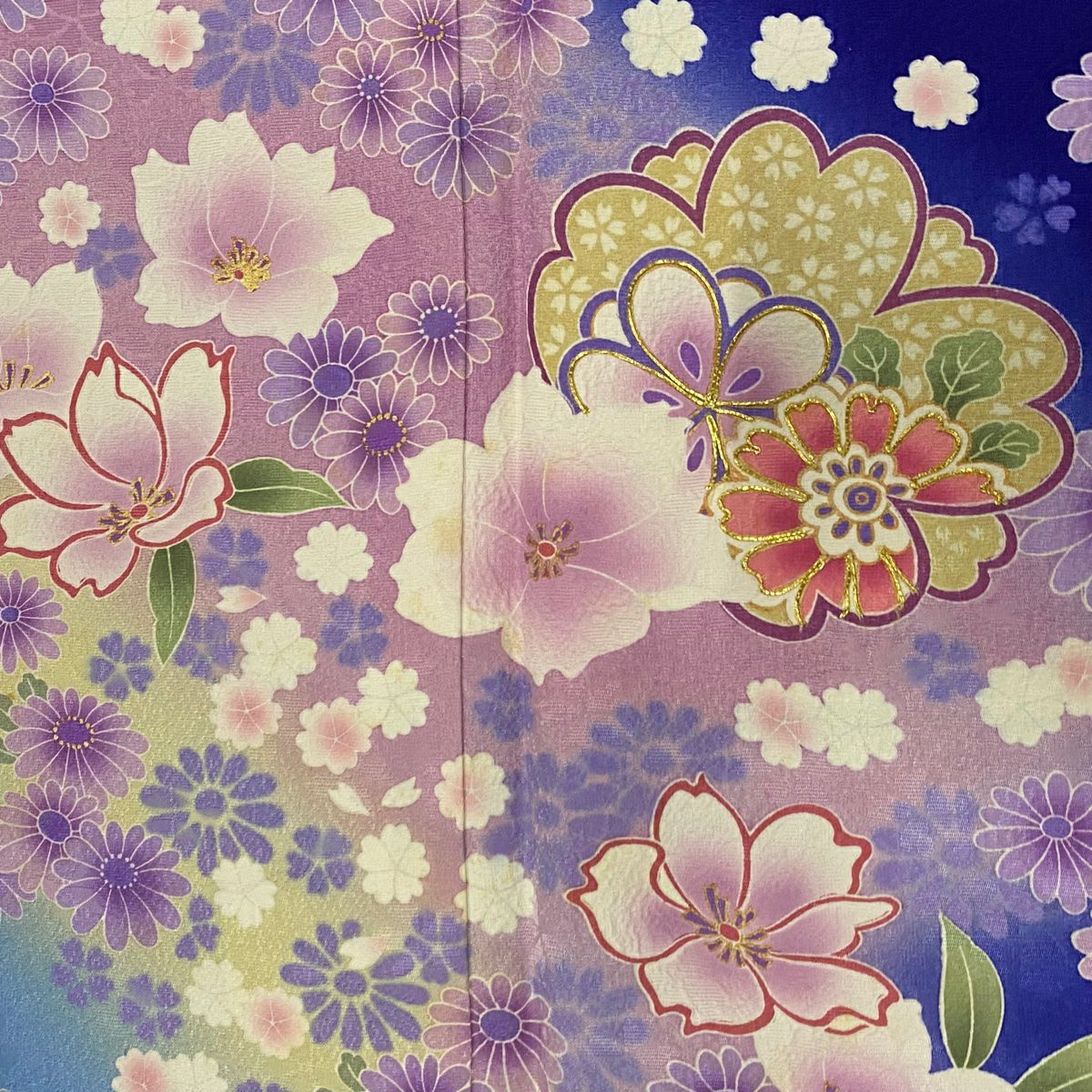 振袖禮服 身長173.5cm 袖長67.5cm L 雙層 草花紋紋 菊花花 金絲 金銀彩 青紫 純蠶絲 名品級
