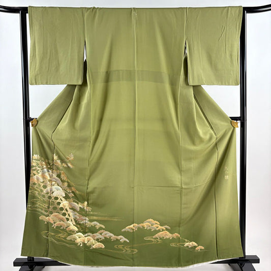 色留袖禮服 身長159.5cm 袖長63.5cm S 雙層 和田光正 吸棉仕立 落款あり 松樹 楓 金銀彩 漸變 よもぎ綠 純蠶絲 名品級 一つ紋