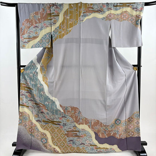 訪問服 身長170cm 袖長67.5cm L 雙層 松樹竹子梅花 ヱ霞 金絲 金銀彩 淺紫 純蠶絲 名品級