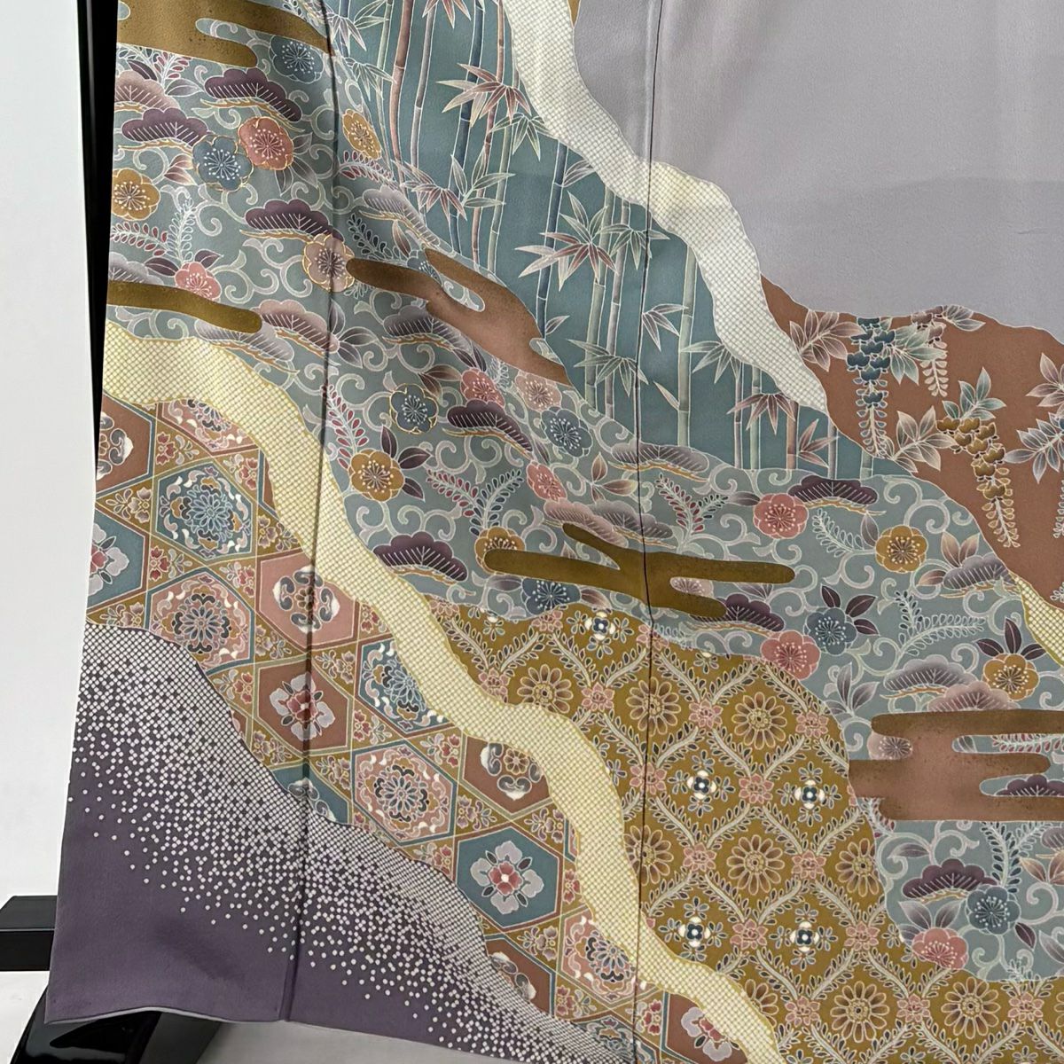訪問服 身長170cm 袖長67.5cm L 雙層 松樹竹子梅花 ヱ霞 金絲 金銀彩 淺紫 純蠶絲 名品級