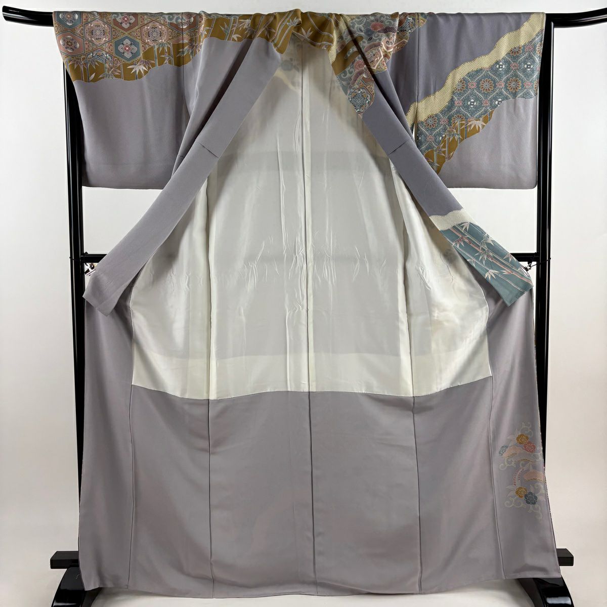 訪問服 身長170cm 袖長67.5cm L 雙層 松樹竹子梅花 ヱ霞 金絲 金銀彩 淺紫 純蠶絲 名品級