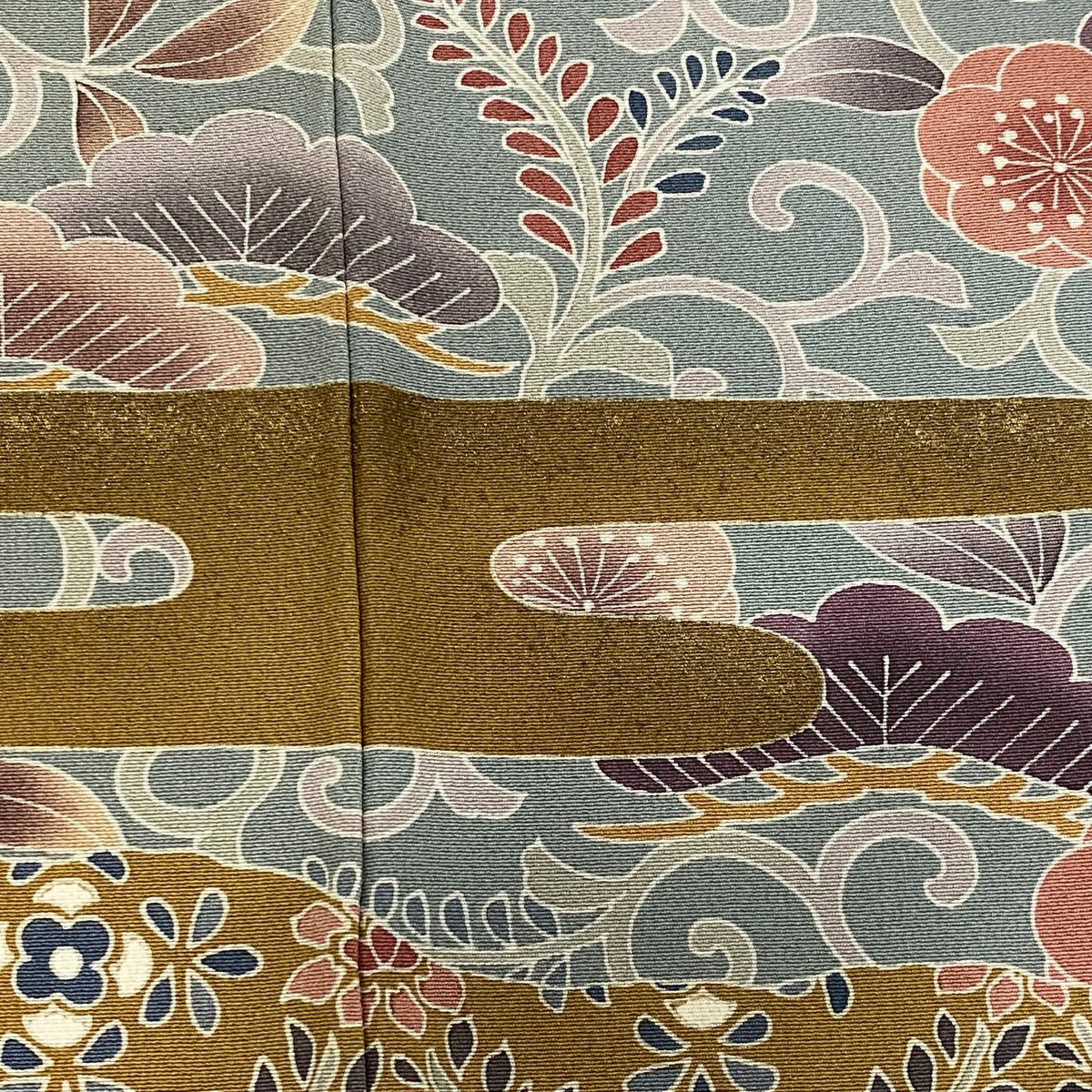 訪問服 身長170cm 袖長67.5cm L 雙層 松樹竹子梅花 ヱ霞 金絲 金銀彩 淺紫 純蠶絲 名品級