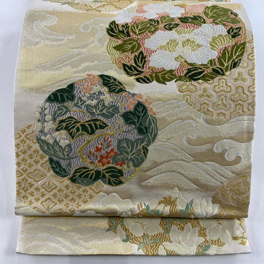 袋帶 秀品級 草花紋紋 波頭 金糸 金金箔 奶油 六通 純蠶絲