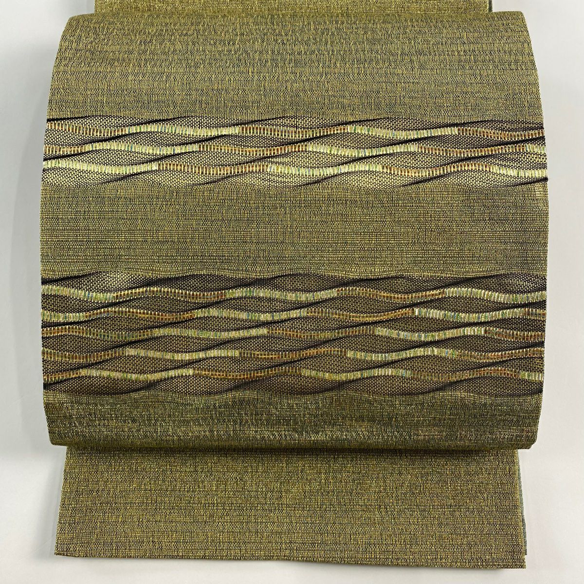【美品】 袋帶 秀品級 よろけ縞 金糸 金金箔 茶綠 お太鼓柄 純蠶絲