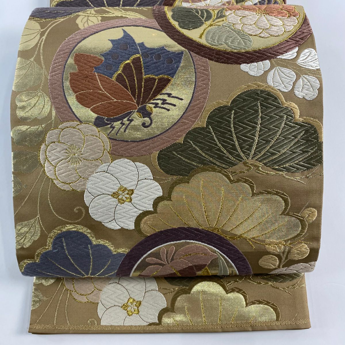 袋帶 秀品級 鎌倉文 笠松樹 唐織 金金箔 薄茶 六通 純蠶絲