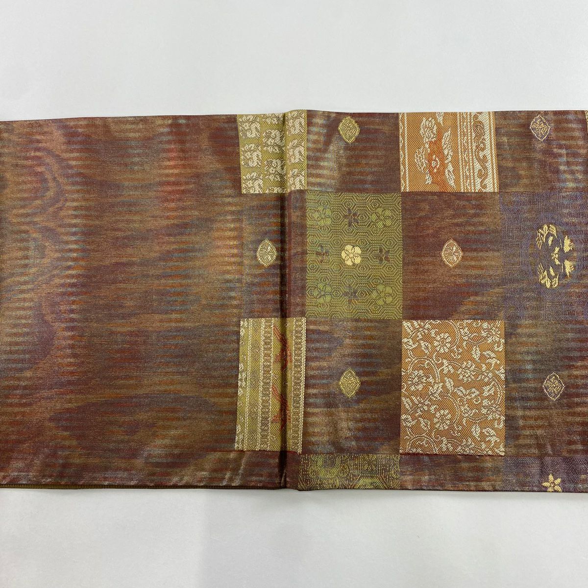 【美品】 袋帶 秀品級 花唐草紋 梅花 金金箔 紅茶 六通 純蠶絲