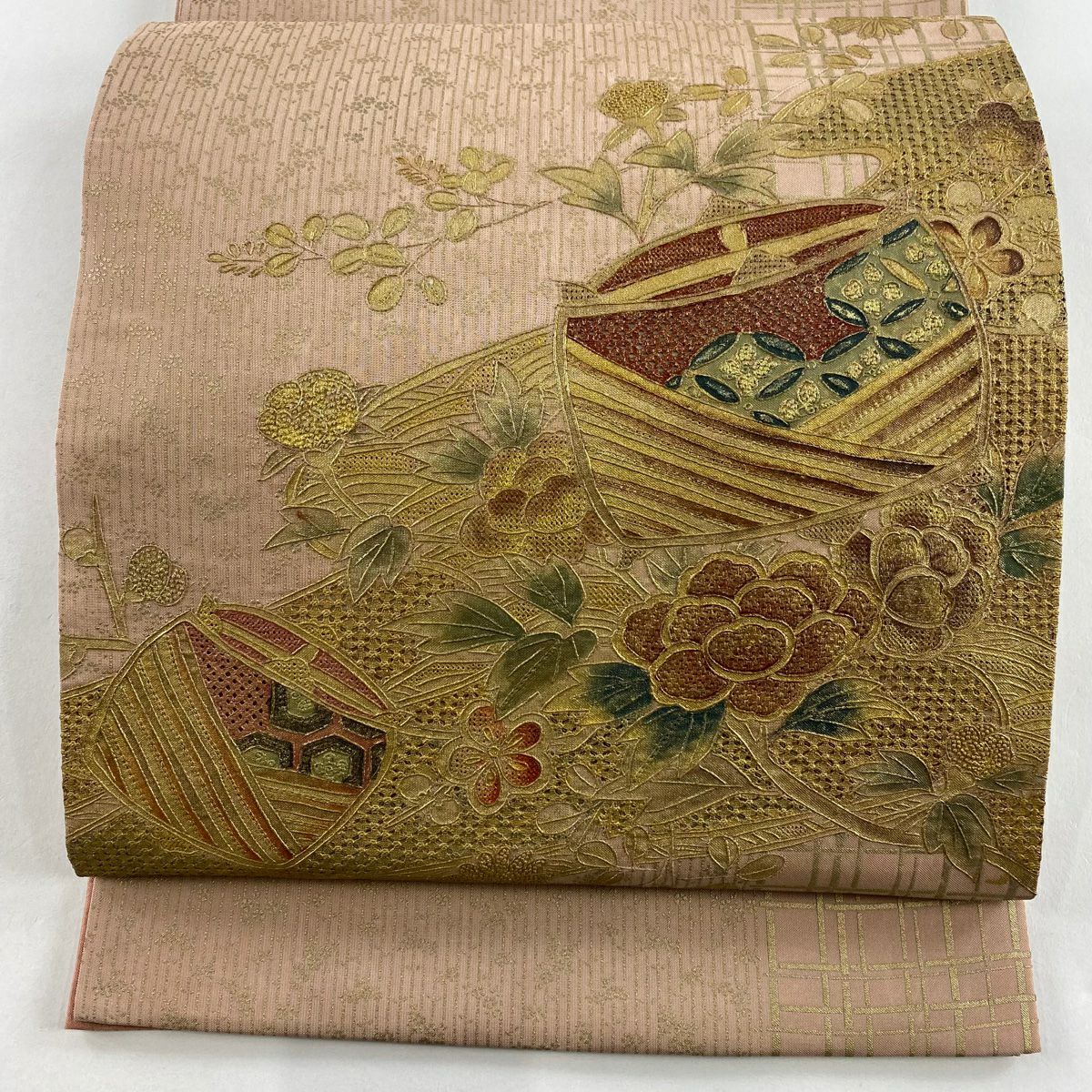 袋帶 秀品級 線捲 草花紋刺繡 金銀彩 粉米色 大鼓圖案 純蠶絲