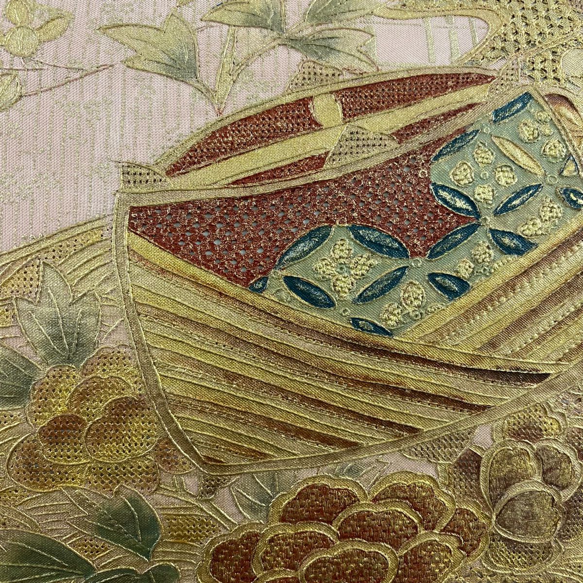 袋帶 秀品級 線捲 草花紋刺繡 金銀彩 粉米色 大鼓圖案 純蠶絲