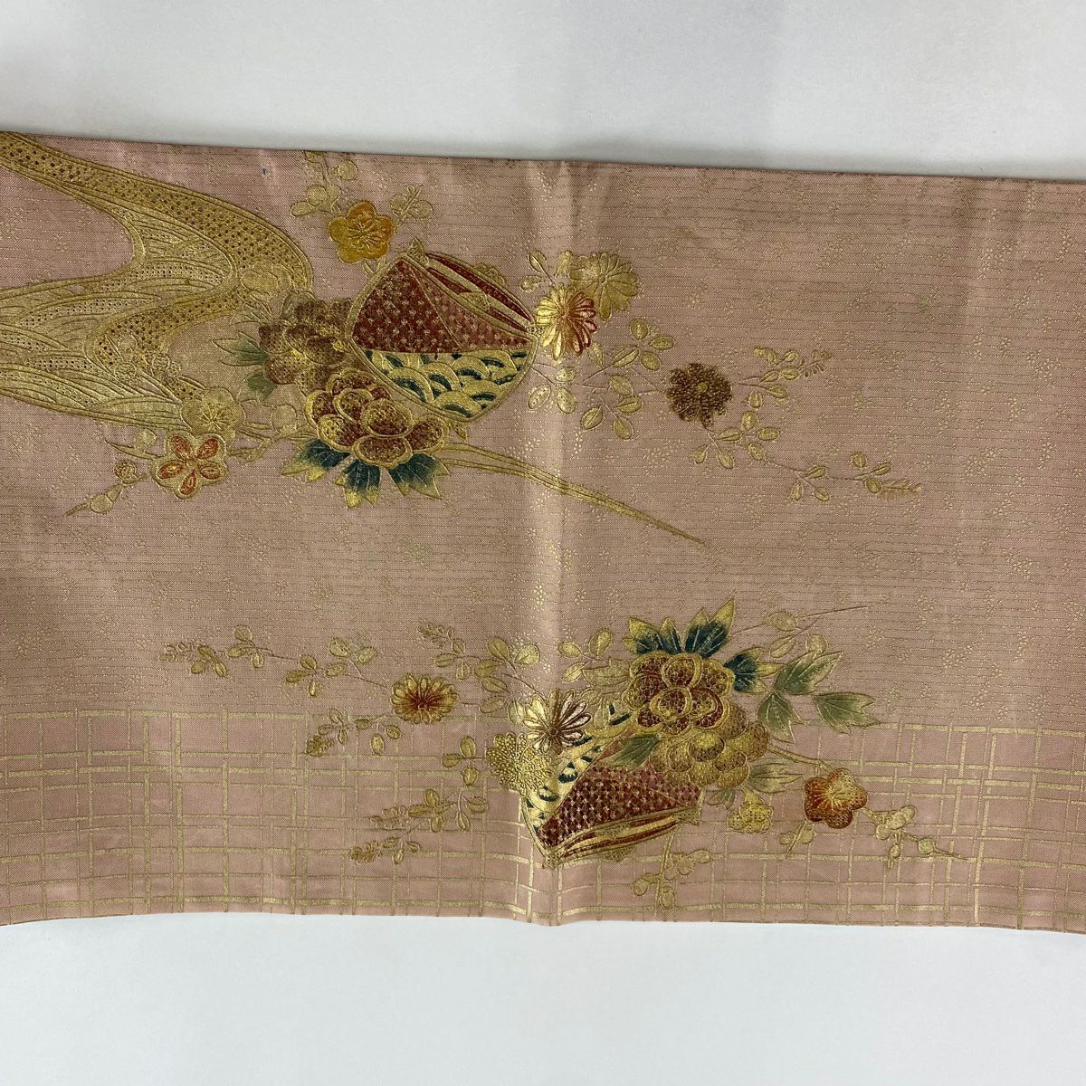 袋帶 秀品級 線捲 草花紋刺繡 金銀彩 粉米色 大鼓圖案 純蠶絲