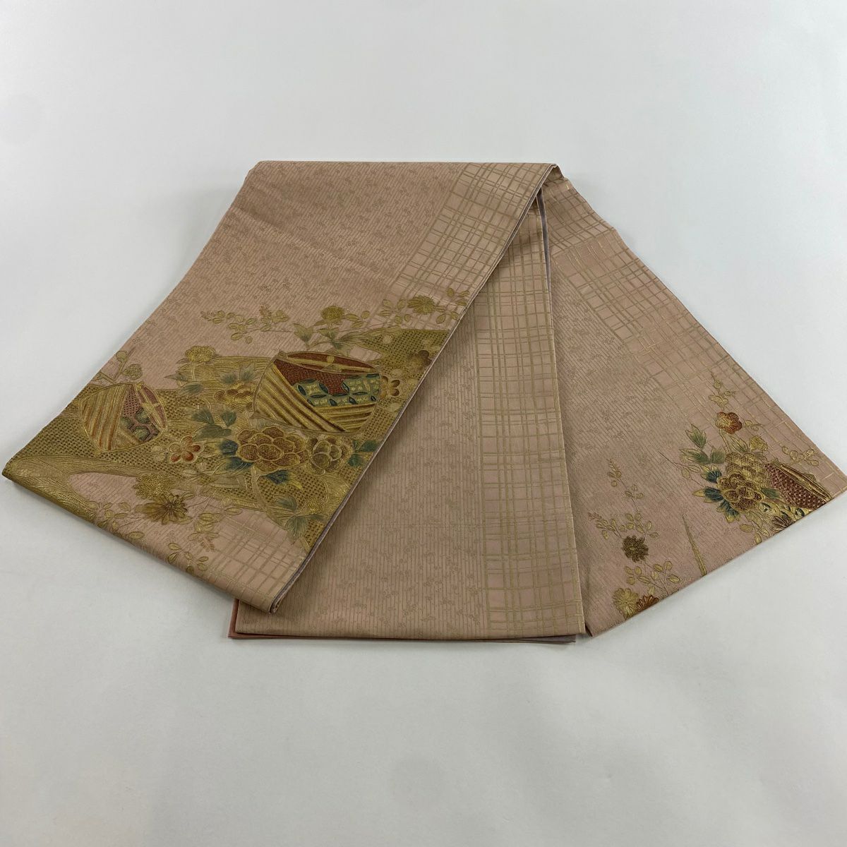 袋帶 秀品級 線捲 草花紋刺繡 金銀彩 粉米色 大鼓圖案 純蠶絲