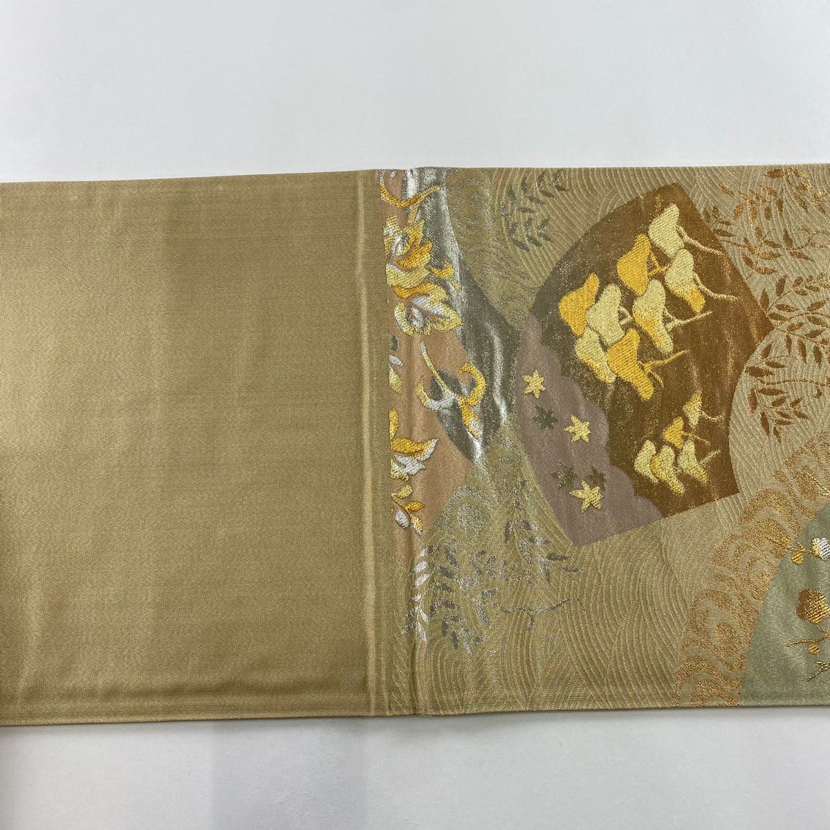 【美品】 袋帶 秀品級 扇子面 枝梅花 金金箔 薄茶 六通 純蠶絲