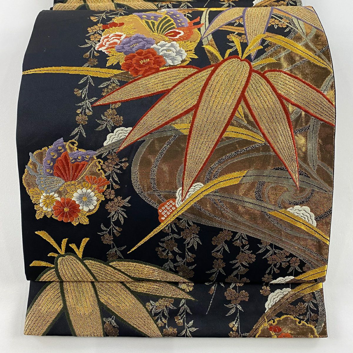 袋帶 秀品級 笹 草花紋紋 金金箔 金絲 黑 六通 純蠶絲