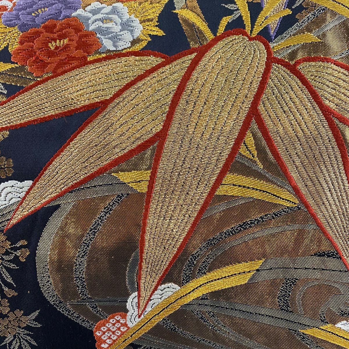 袋帶 秀品級 笹 草花紋紋 金金箔 金絲 黑 六通 純蠶絲