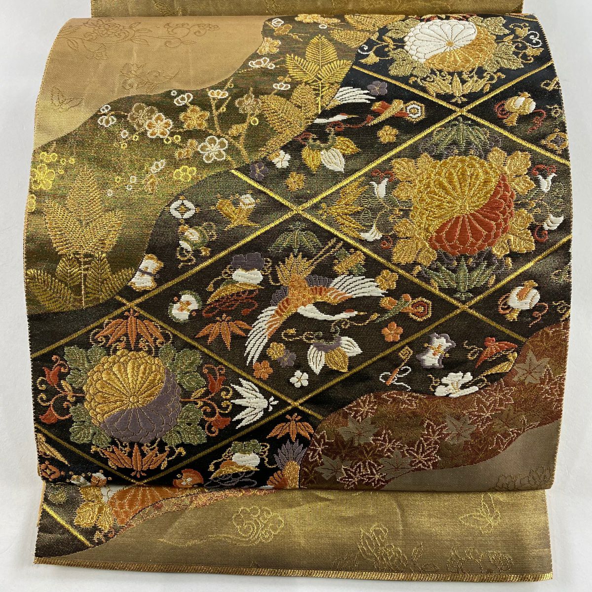 袋帶 秀品級 關西仕立 雛菊花 仙鶴 金金箔 金絲 金茶 六通 純蠶絲