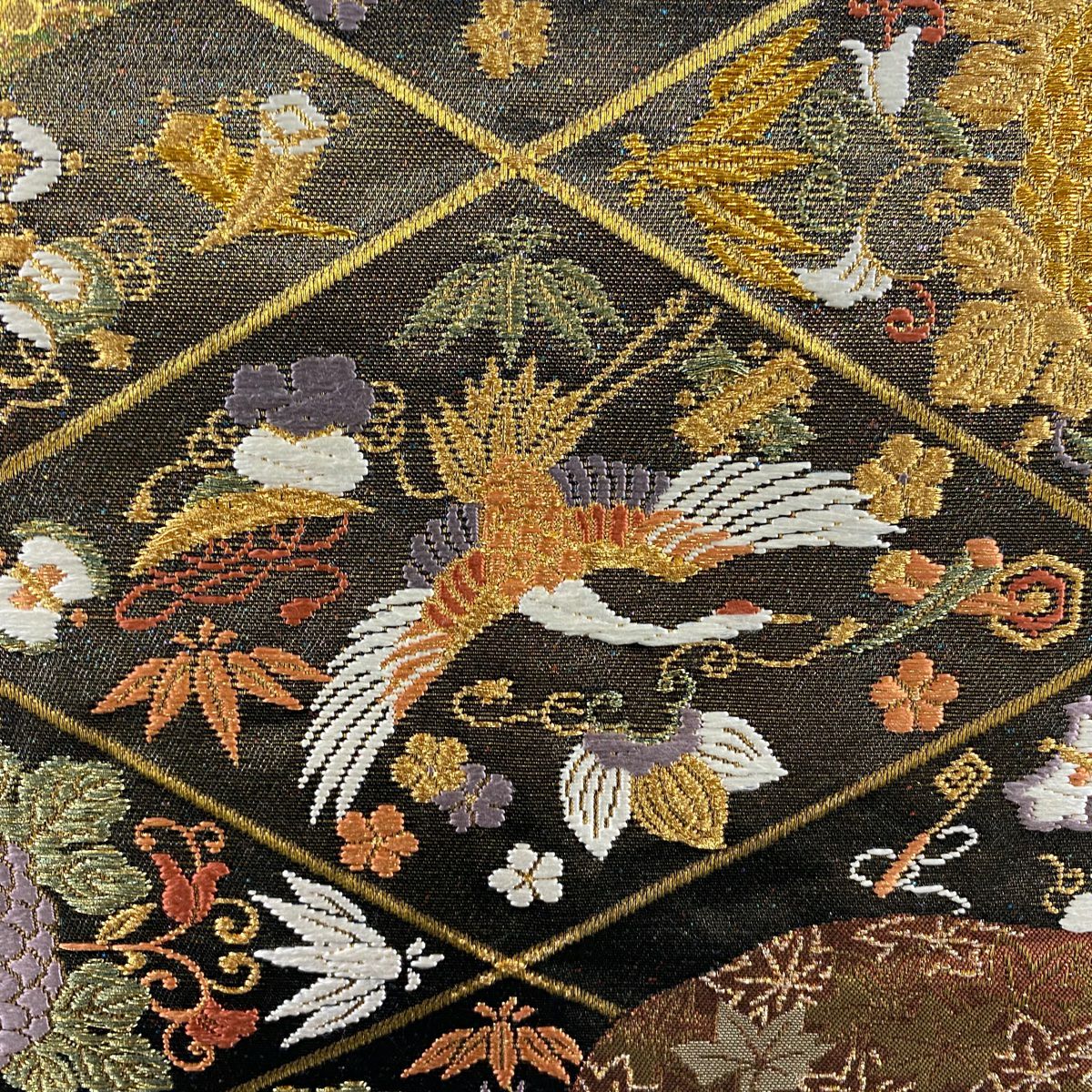 袋帶 秀品級 關西仕立 雛菊花 仙鶴 金金箔 金絲 金茶 六通 純蠶絲