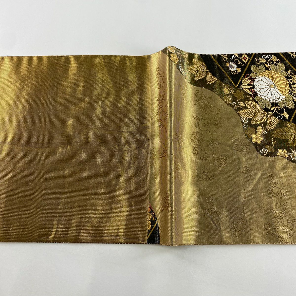 袋帶 秀品級 關西仕立 雛菊花 仙鶴 金金箔 金絲 金茶 六通 純蠶絲