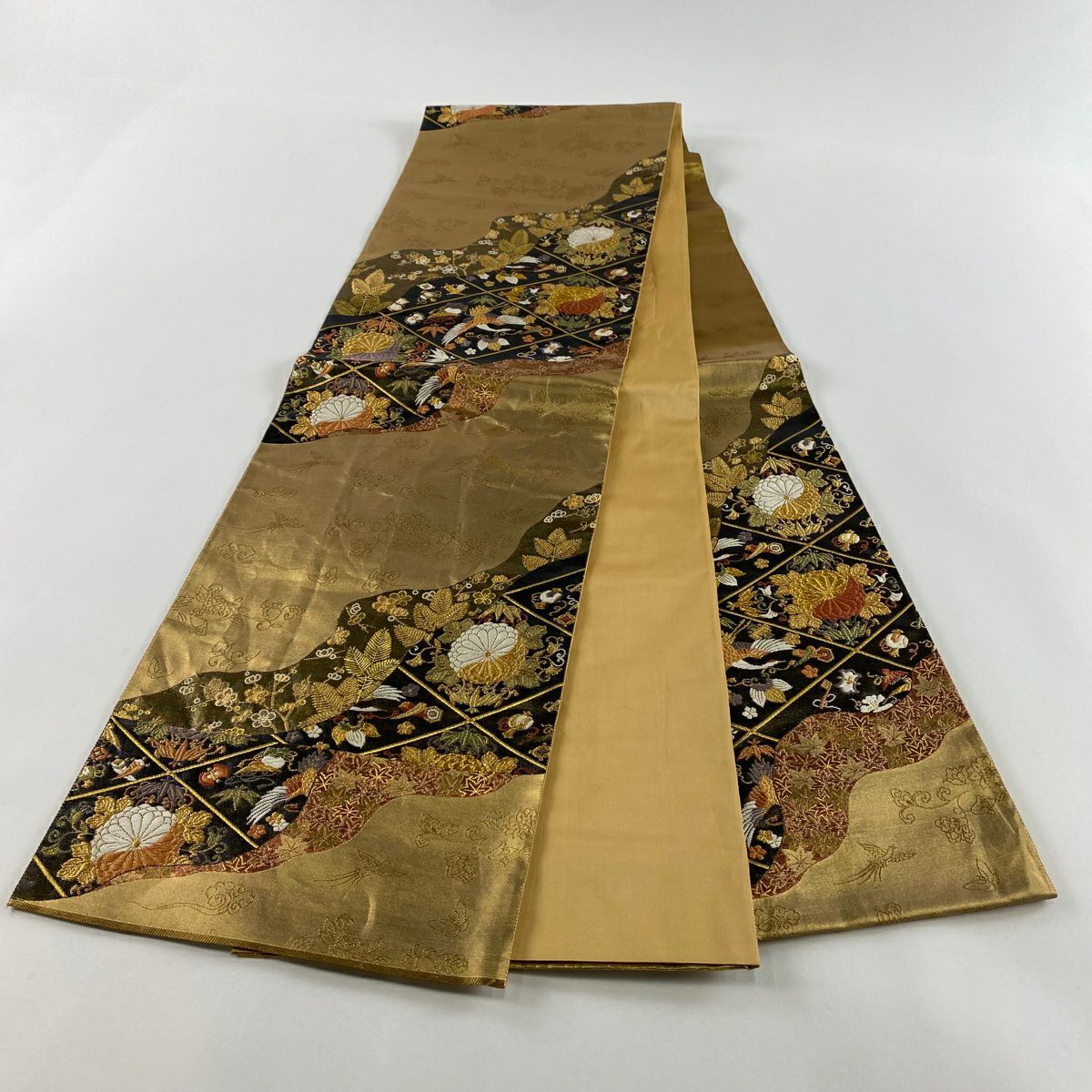 袋帶 秀品級 關西仕立 雛菊花 仙鶴 金金箔 金絲 金茶 六通 純蠶絲