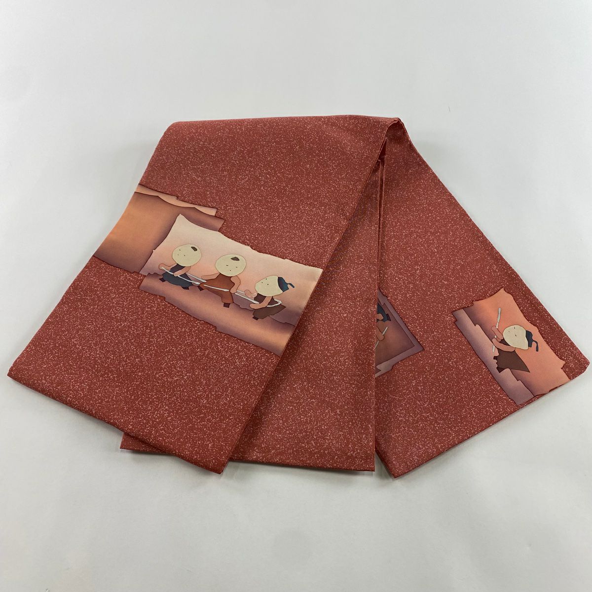 【美品】 袋帶 秀品級 童 幾何圖案 茜 紅色 お太鼓柄 純蠶絲