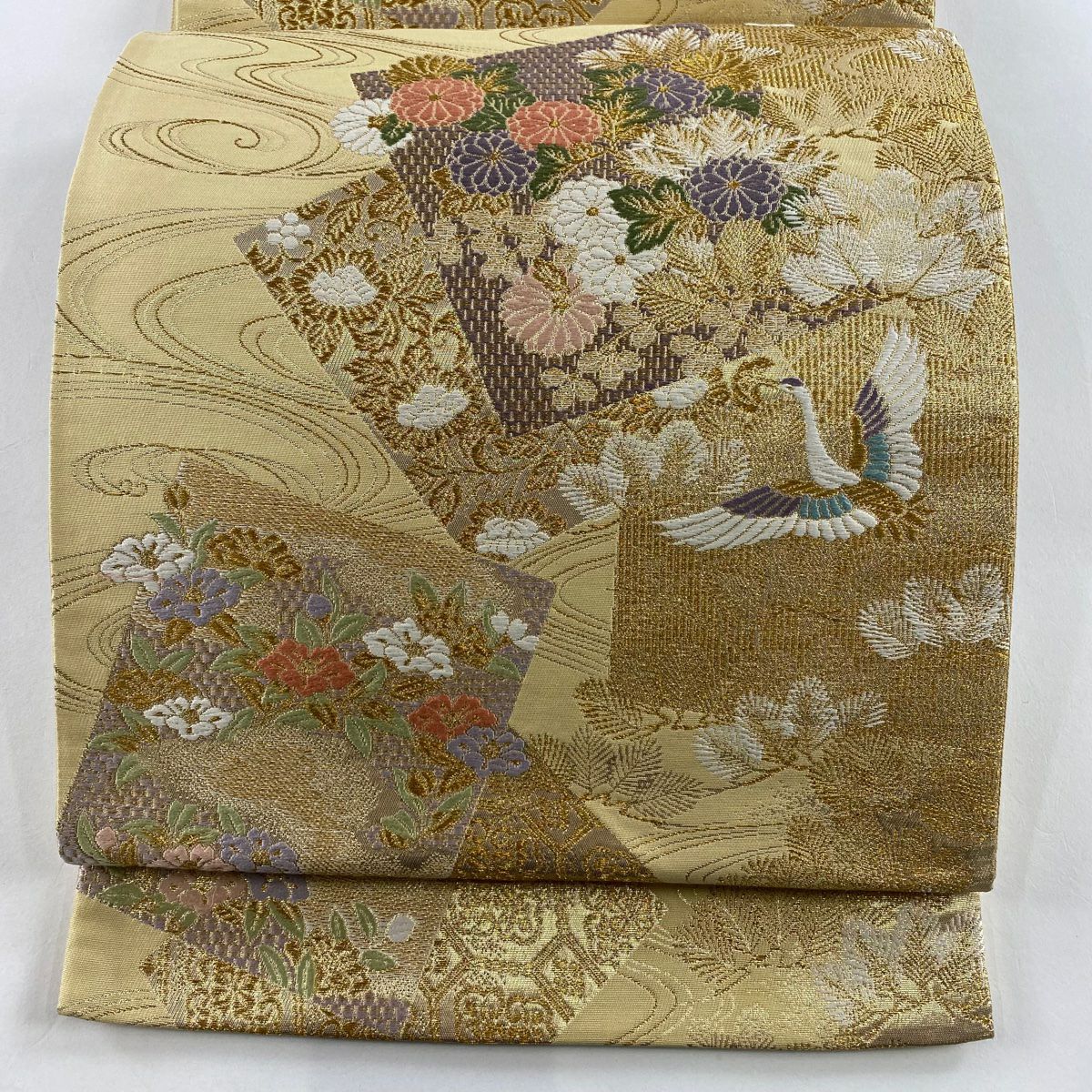 袋帶 秀品級 華苑蒔繪錦 草花紋紋 仙鶴 金金箔 金絲 金色 六通 純蠶絲