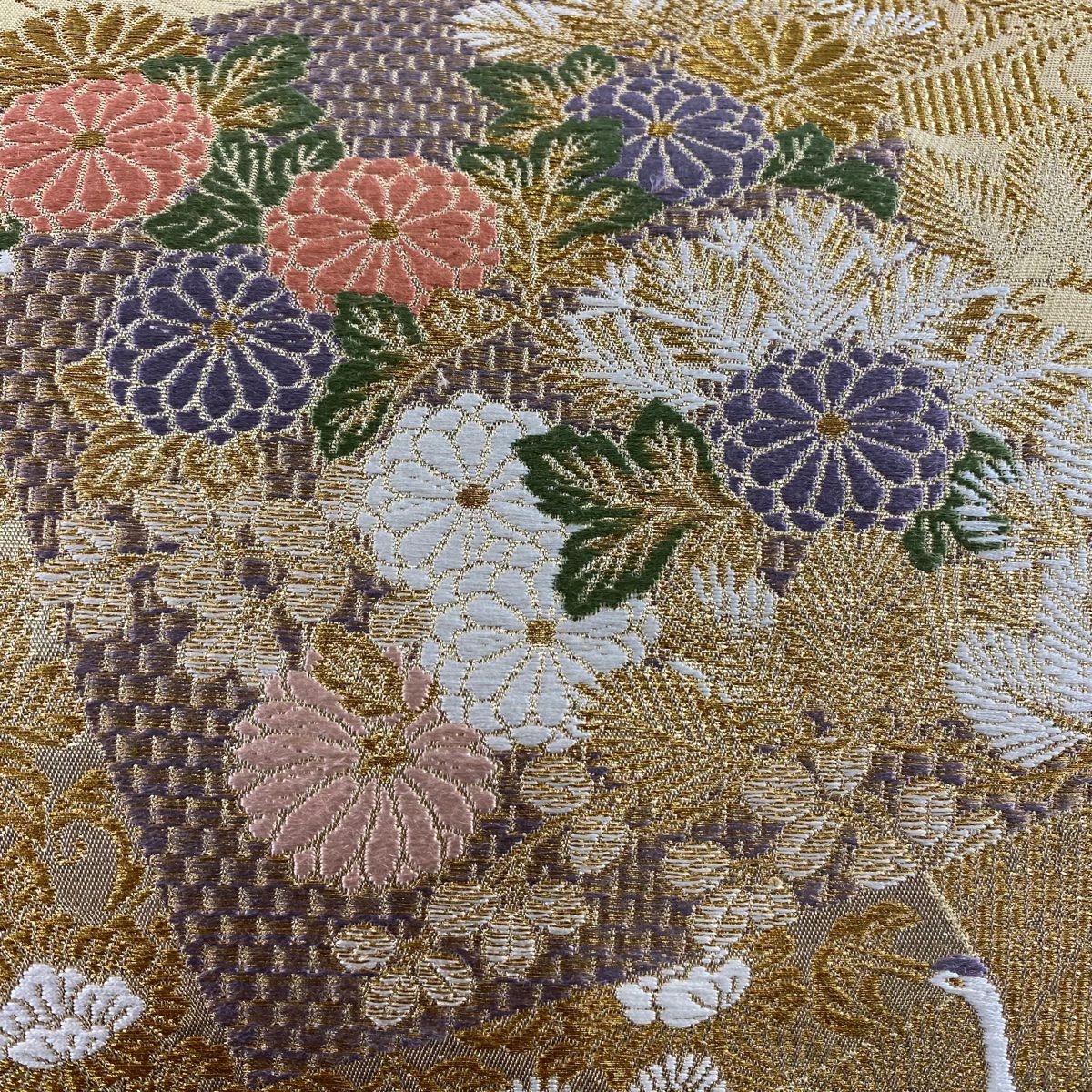 袋帶 秀品級 華苑蒔繪錦 草花紋紋 仙鶴 金金箔 金絲 金色 六通 純蠶絲
