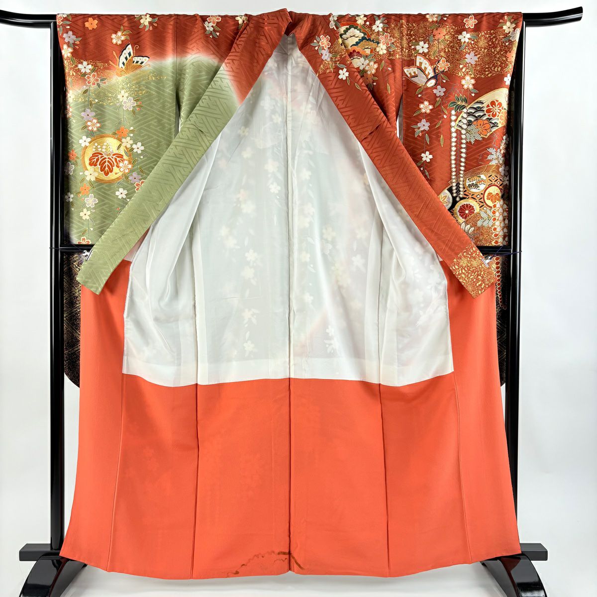【庫存清倉】振袖禮服 身長161.5cm 袖長66.5cm M 雙層 仙鶴 鎌倉文 金銀彩 金通し 紅茶 純蠶絲 名品級