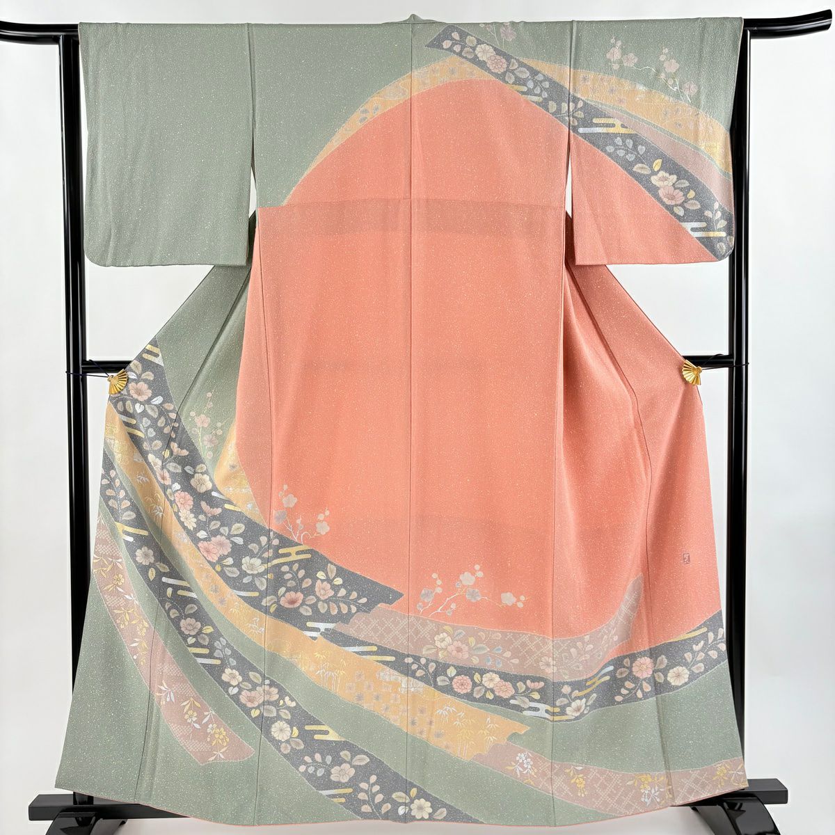 【美品】訪問服 身長159cm 袖長63.5cm S 雙層 草花紋紋 霞 金銀彩 灰綠 純蠶絲 名品級