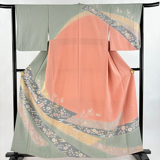 【美品】訪問服 身長159cm 袖長63.5cm S 雙層 草花紋紋 霞 金銀彩 灰綠 純蠶絲 名品級
