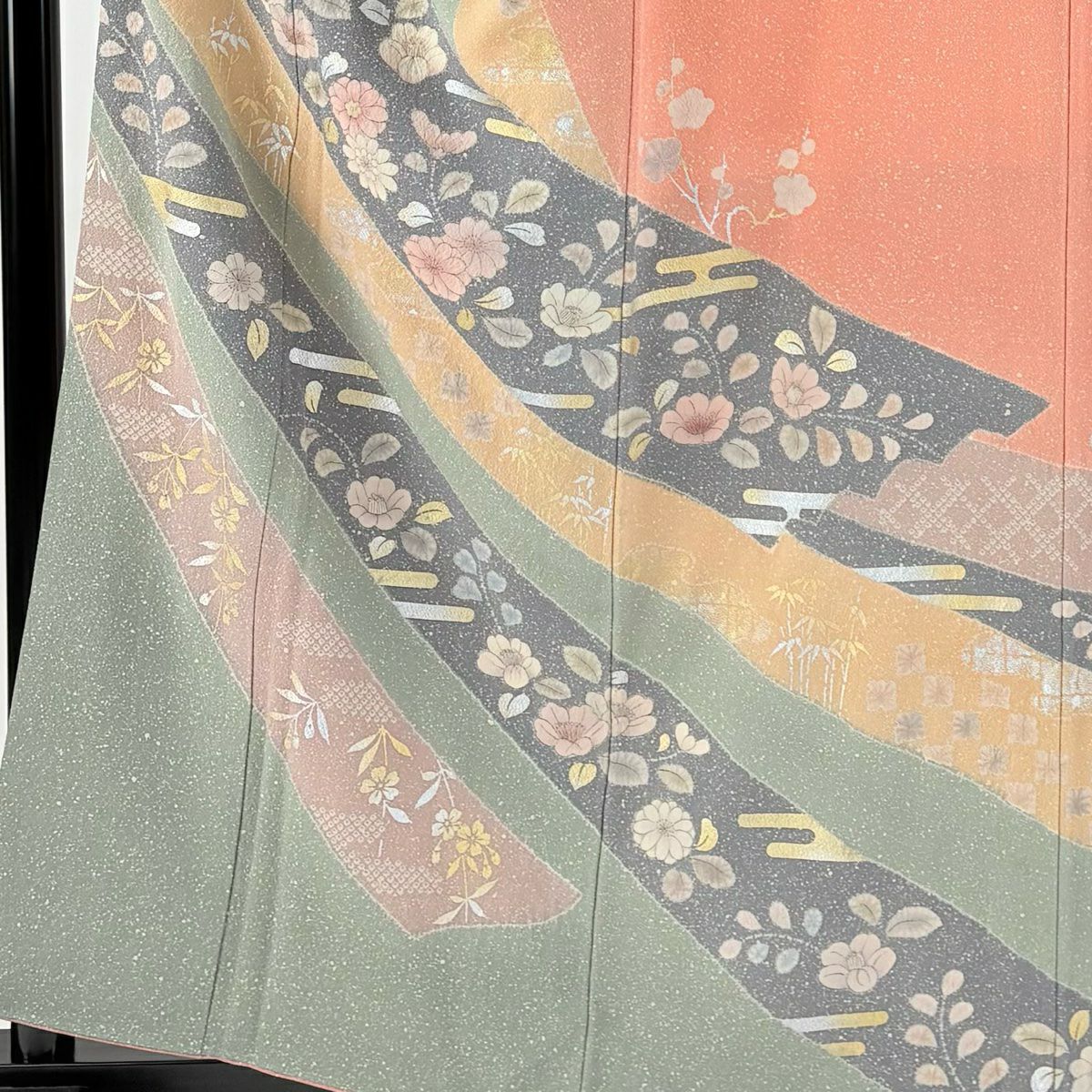 【美品】訪問服 身長159cm 袖長63.5cm S 雙層 草花紋紋 霞 金銀彩 灰綠 純蠶絲 名品級