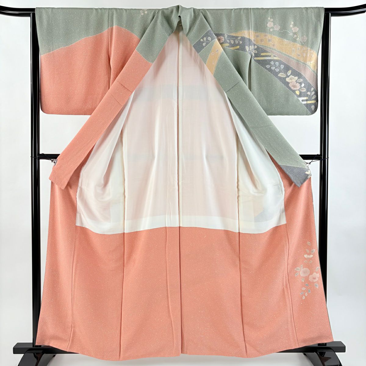 【美品】訪問服 身長159cm 袖長63.5cm S 雙層 草花紋紋 霞 金銀彩 灰綠 純蠶絲 名品級