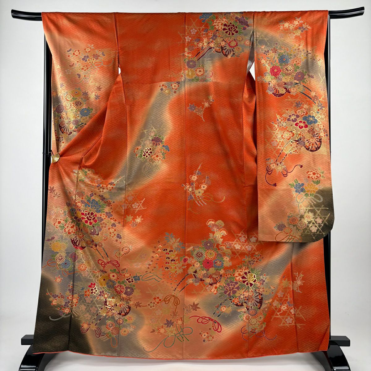 【庫存清倉】振袖禮服 身長165.5cm 袖長66cm M 雙層 花車 籠目 金絲 金銀彩 橙色 純蠶絲 名品級