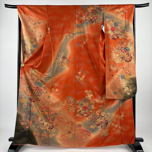 【庫存清倉】振袖禮服 身長165.5cm 袖長66cm M 雙層 花車 籠目 金絲 金銀彩 橙色 純蠶絲 名品級