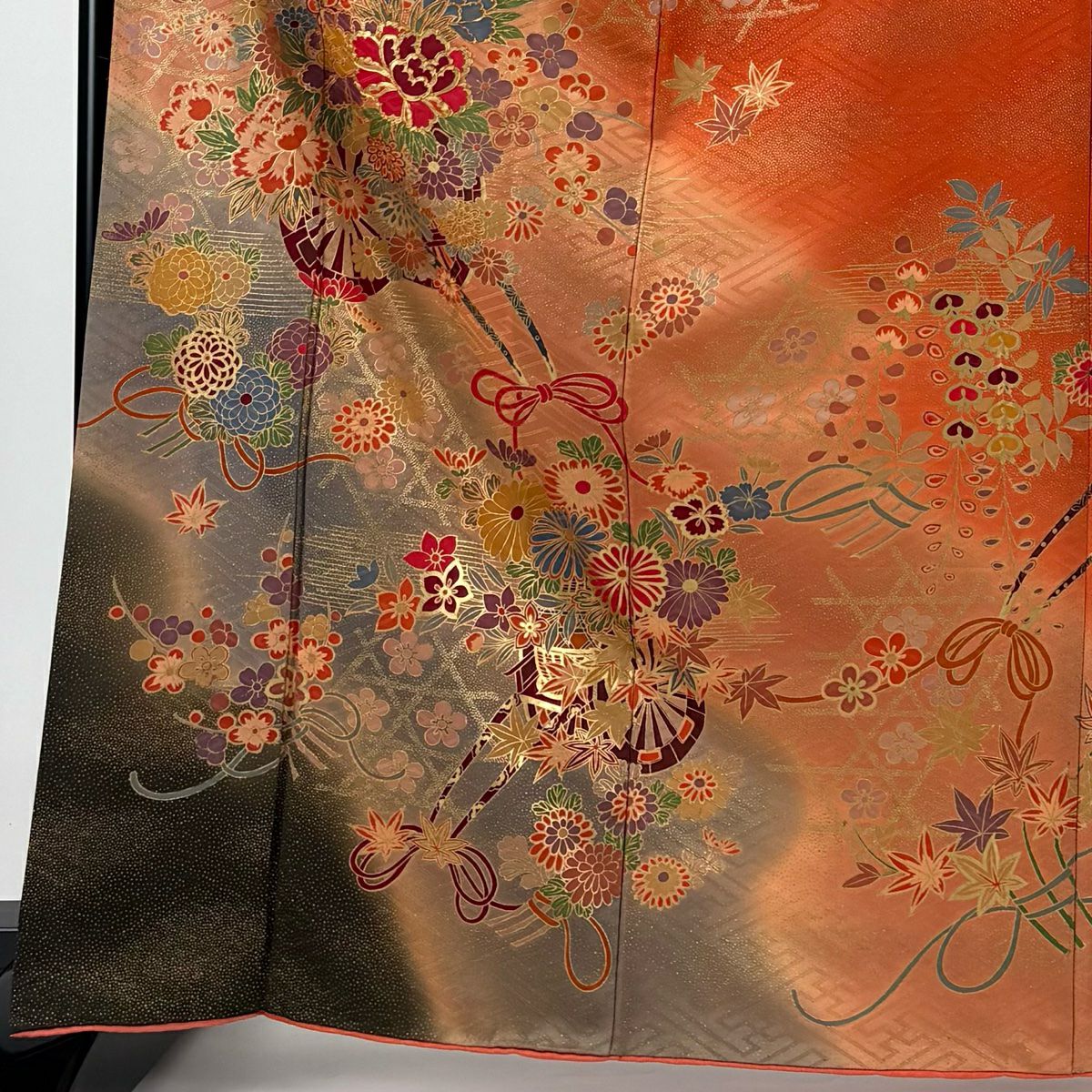 【庫存清倉】振袖禮服 身長165.5cm 袖長66cm M 雙層 花車 籠目 金絲 金銀彩 橙色 純蠶絲 名品級