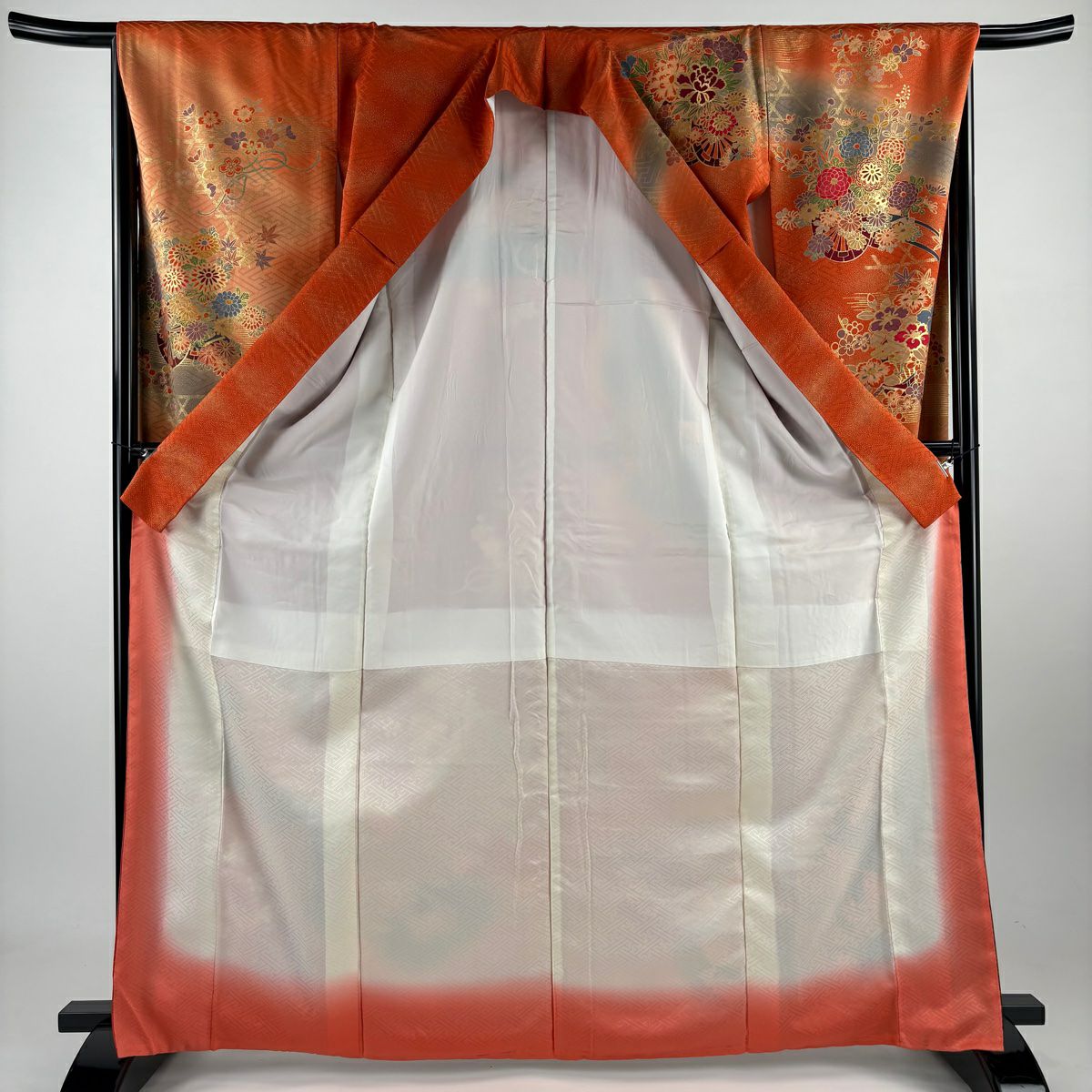【庫存清倉】振袖禮服 身長165.5cm 袖長66cm M 雙層 花車 籠目 金絲 金銀彩 橙色 純蠶絲 名品級